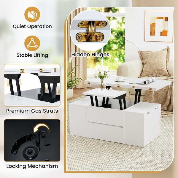 3-in-1 extendable coffee table with 4 storage stools and hidden compartment for 4 to 8 people - White