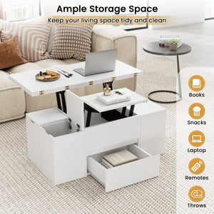 3-in-1 extendable coffee table with 4 storage stools and hidden compartment for 4 to 8 people - White