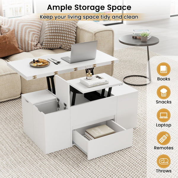 3-in-1 extendable coffee table with 4 storage stools and hidden compartment for 4 to 8 people - White
