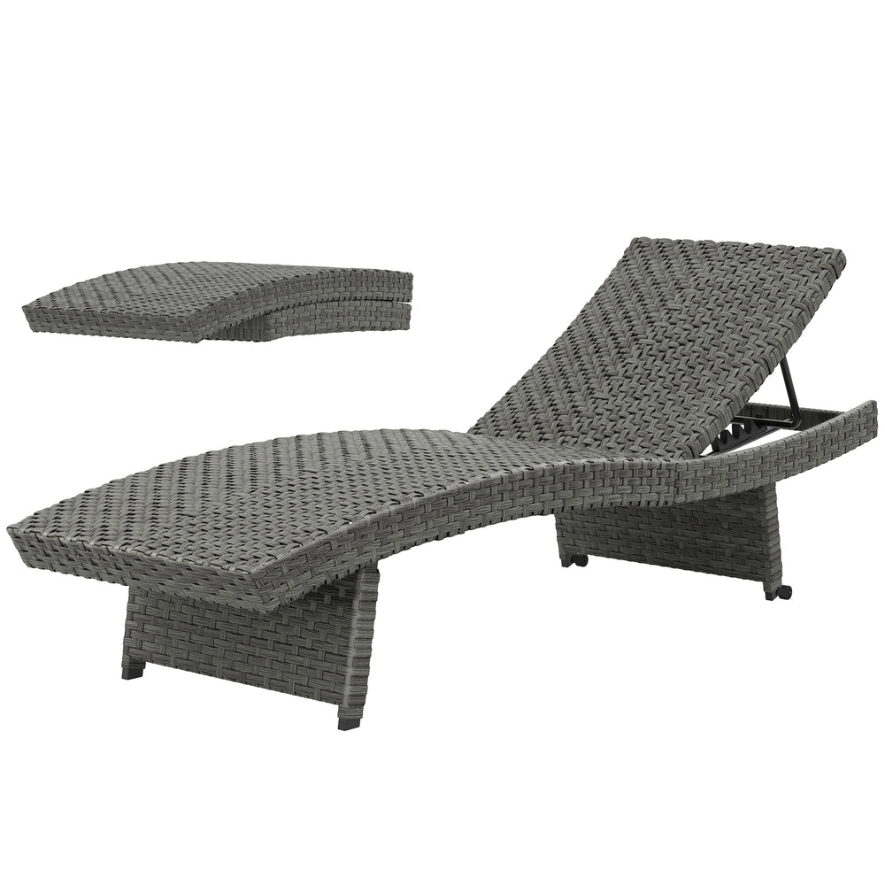 Folding wicker chaise lounge with 4-position adjustable backrest, grey