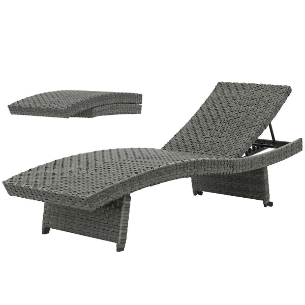 Folding wicker chaise lounge with 4-position adjustable backrest, grey