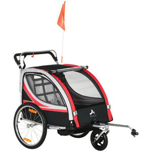 2-seater bicycle trailer with handbrake, 5-point harness, red