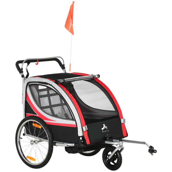 2-seater bicycle trailer with handbrake, 5-point harness, red