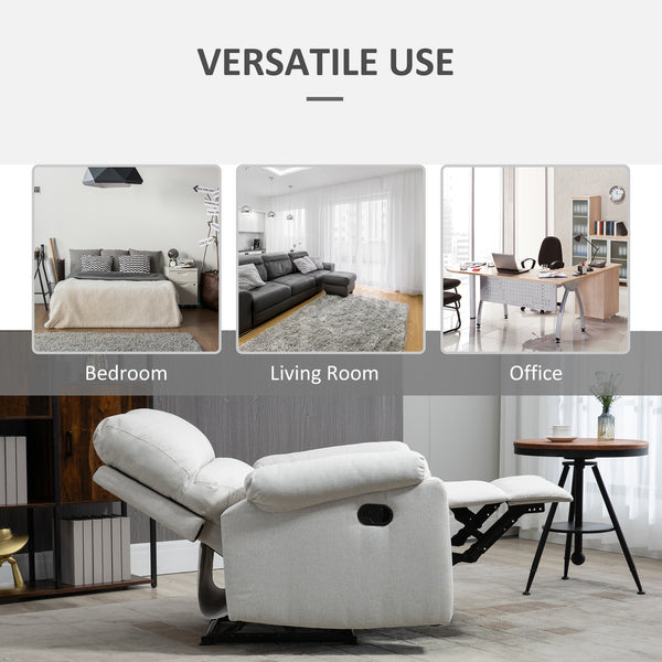 Manual recliner chair with footrest and upholstered seat, cream white