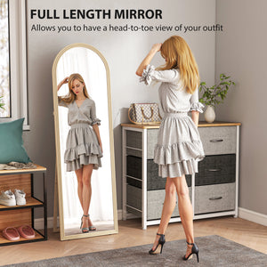 Full length arched floor mirror with faux stone frame, beige
