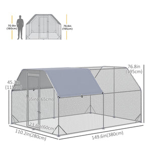 Galvanized metal chicken coop with flat roof and tarp