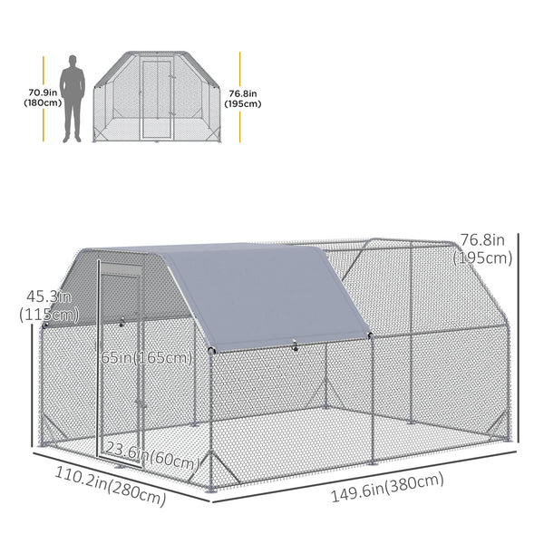 Galvanized metal chicken coop with flat roof and tarp