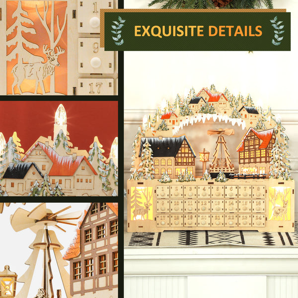 24-Day Wooden Christmas Advent Calendar with LED Lights