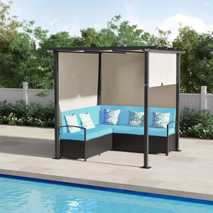 Set of woven rattan sofas and armchairs with retractable pergola, turquoise