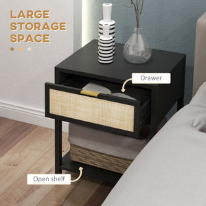 Bohemian bedside table with rattan drawer and open shelf, black