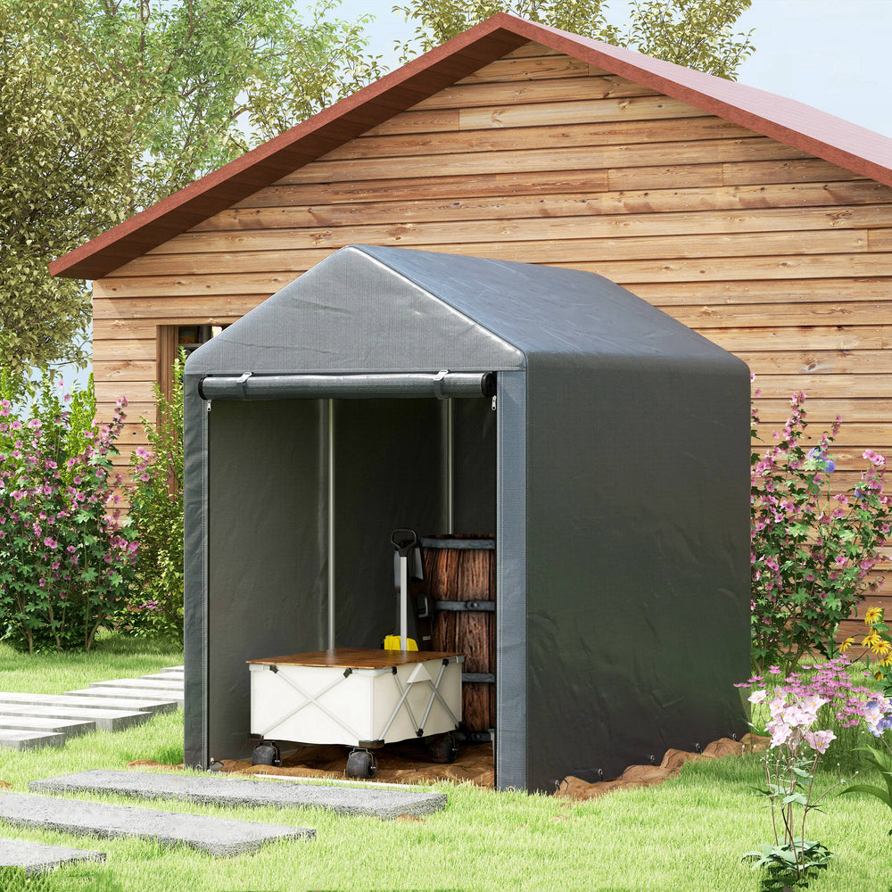 Portable garden shed with roll-up door