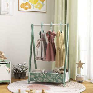 Clothes rack with storage shelf and hangers, green