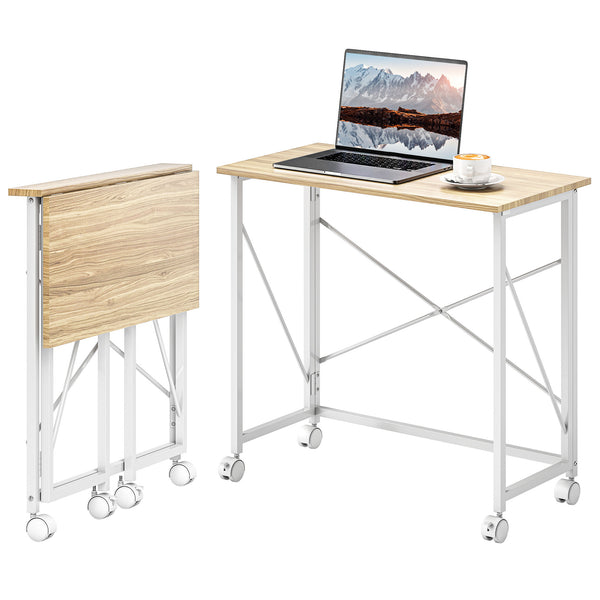 Compact folding desk on casters for small spaces – Oak and white finish