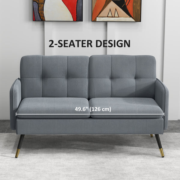 Two-seater corduroy sofa with springs, steel legs and tufting, dark gray