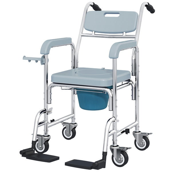 4-in-1 multifunctional commode and shower chair with wheels and footrest – Gray and silver