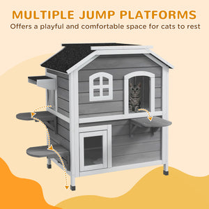 Two-story wooden cat house with a retractable roof, grey