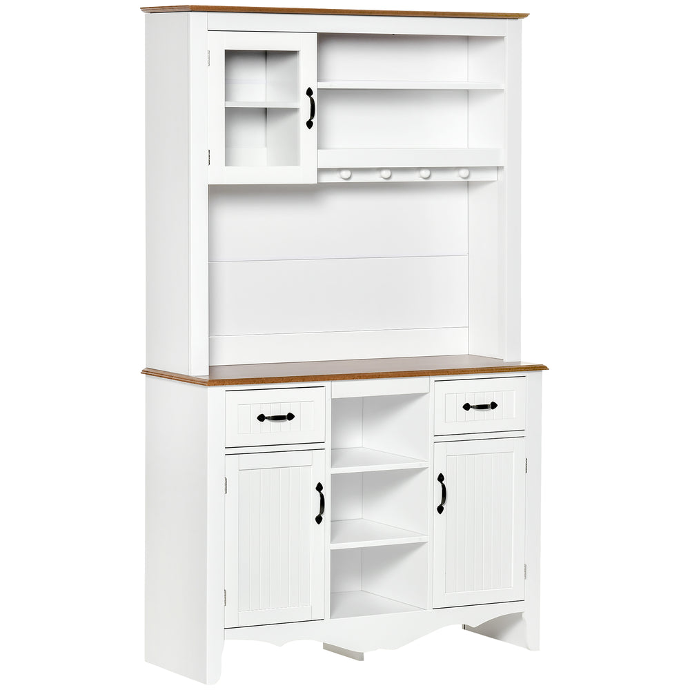 Country Style Kitchen Sideboard with Utility Drawer and 5 Tier Shelves, White