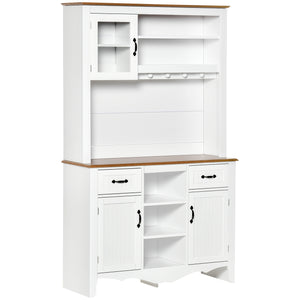 Country Style Kitchen Sideboard with Utility Drawer and 5 Tier Shelves, White