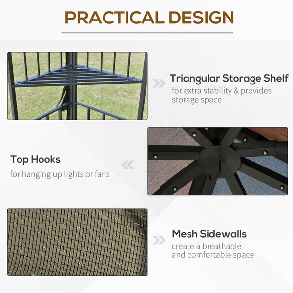 10 x 10 gazebo with double-pitched soft roof, mesh curtains, coffee color