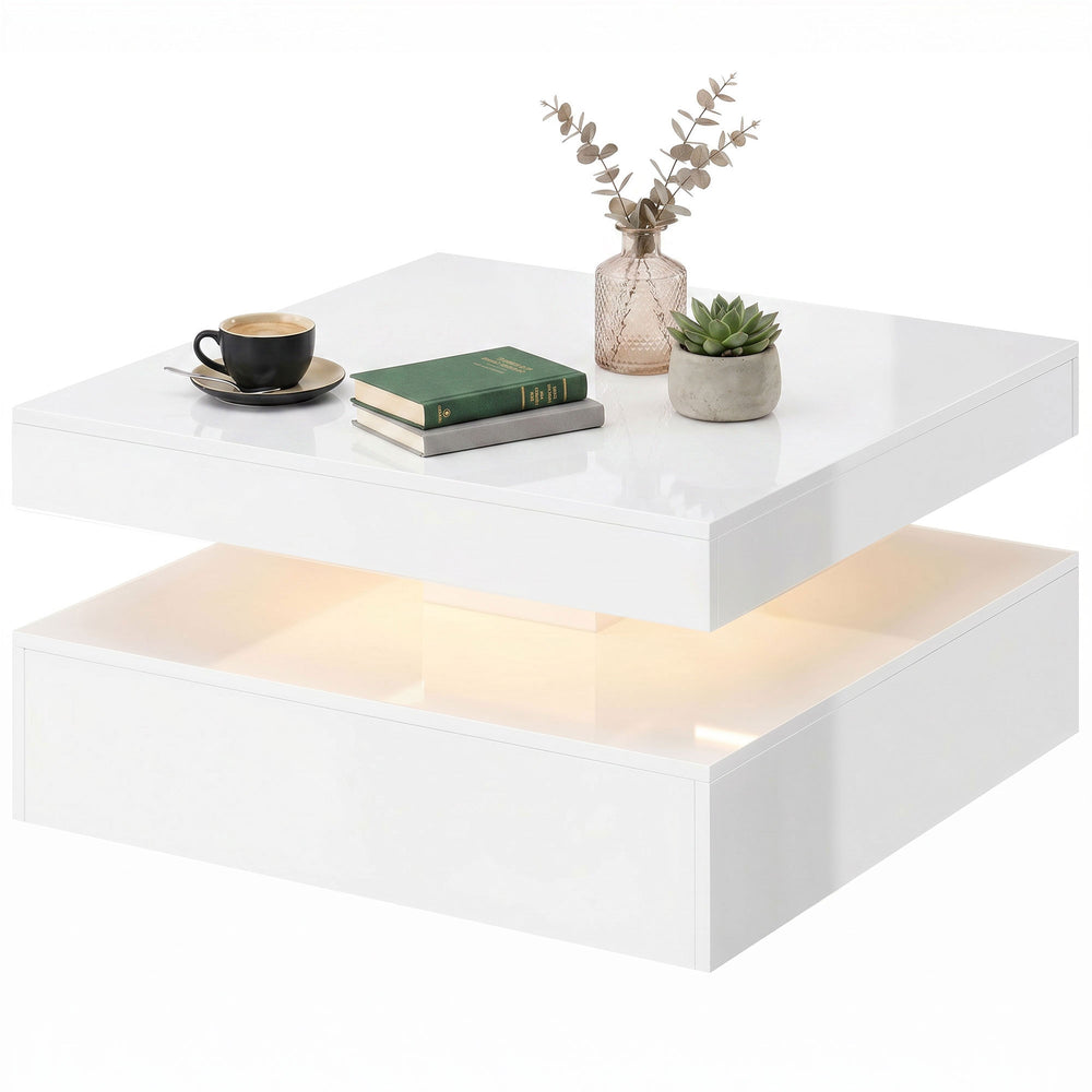 LED Coffee Table with 2-Tier Storage with Open Shelf and Remote Control for Living Room, High Gloss White