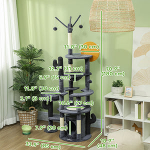 71" Cat Tree with Scratching Posts, Sisal Mat, Condo, Bed, Hammock, Play Balls, Dark Grey