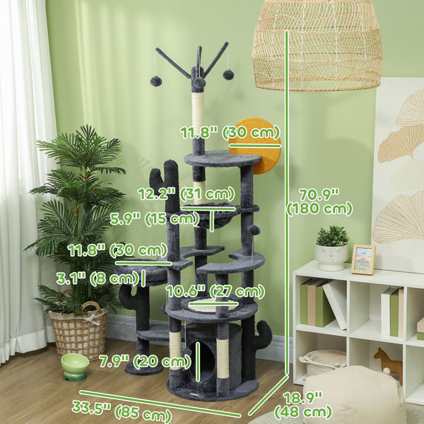71" Cat Tree with Scratching Posts, Sisal Mat, Condo, Bed, Hammock, Play Balls, Dark Grey
