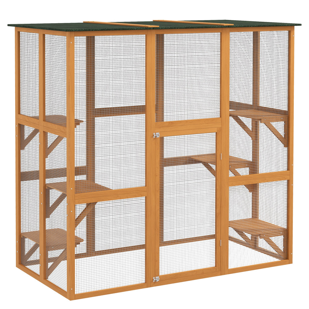 Wooden cat cage with 6 balanced platforms and asphalt roof, orange