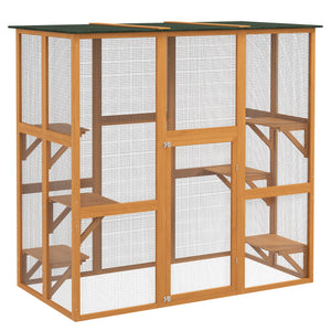 Wooden cat cage with 6 balanced platforms and asphalt roof, orange