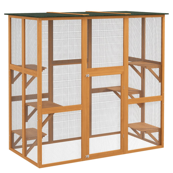Wooden cat cage with 6 balanced platforms and asphalt roof, orange