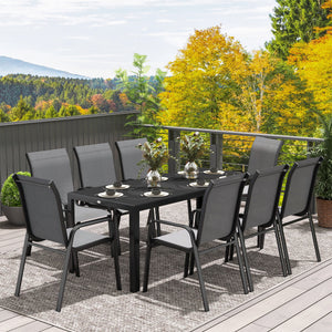 9-Piece Dining Set with Stacking Chairs and Glass Top, Grey