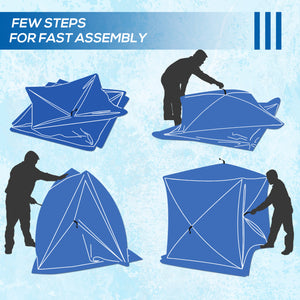 Portable ice fishing shelter for 2 to 4 people, with windproof windows and carrying bag, blue.