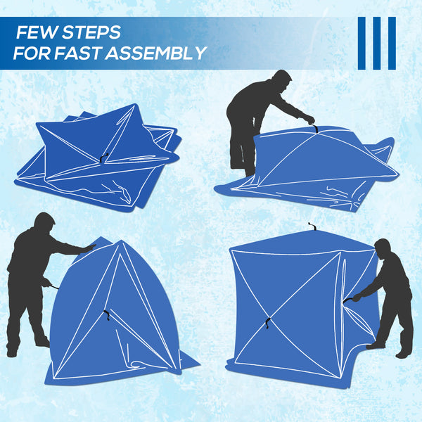 Portable ice fishing shelter for 2 to 4 people, with windproof windows and carrying bag, blue.