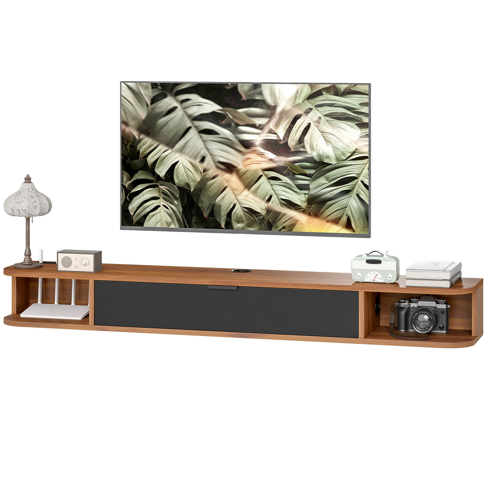 Floating wall-mounted TV unit for TVs up to 60 inches, with a drop-down drawer and 2 open shelves, walnut finish.