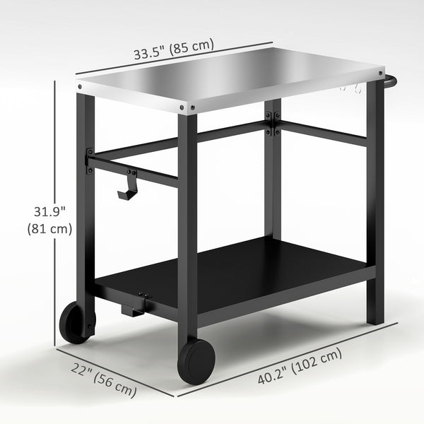 Outdoor Grill Dining Cart with Stainless Steel Tabletop, 2-Shelf BBQ Movable Pizza Oven Stand with Wheels, Charcoal Grey