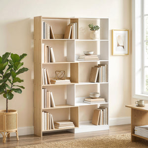 5-tier L-shaped bookcase with 350° rotation, two-tone design, fruitwood/white