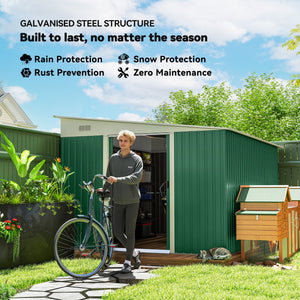 Steel garden shed with double sliding doors and 2 vents, green