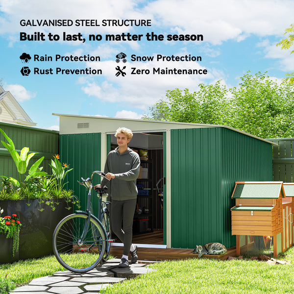 Steel garden shed with double sliding doors and 2 vents, green