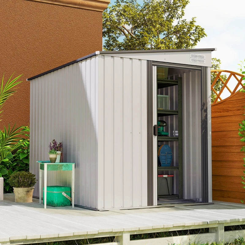 Lean-to metal garden shed with foundation, sliding door and 2 vents, white