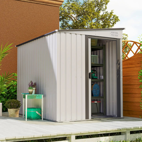 Lean-to metal garden shed with foundation, sliding door and 2 vents, white