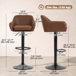 Faux Leather Bar Stools, Adjustable and Swivel, with Backrest, Set of 2, Brown