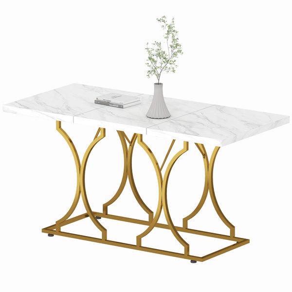 Dining table for 6 people, modern marble pattern kitchen table with metal pedestal, white