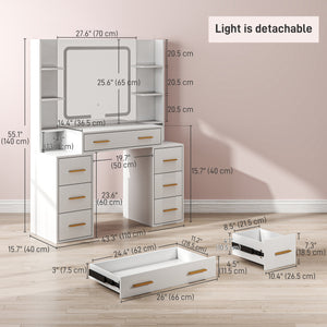 Dressing table with mirror and lighting, 7 drawers and 8 shelves, white