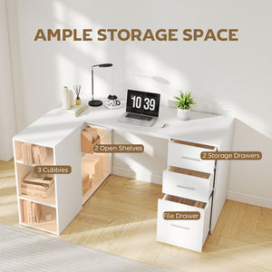 55" L-Shaped Desk with Outlets and Drawers, White