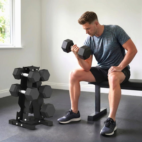 Set of 6 hexagonal dumbbells with A-frame rack, 15 to 25 lbs – Black