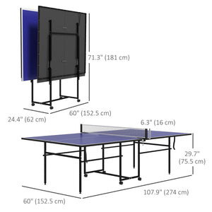 Full-size ping pong table with net, paddles, balls and wheels, blue