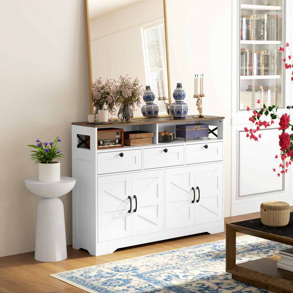 Sideboard with 4 doors, 3 drawers with adjustable shelves, white