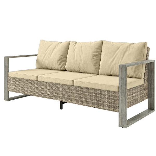 3-Seater Outdoor PE Wicker Sofa with Deep Seating, Wood-Look Aluminum Armrests, Cushions, Khaki