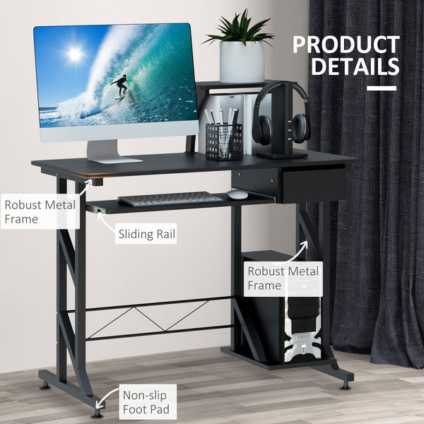 Computer desk with keyboard tray and drawer, black