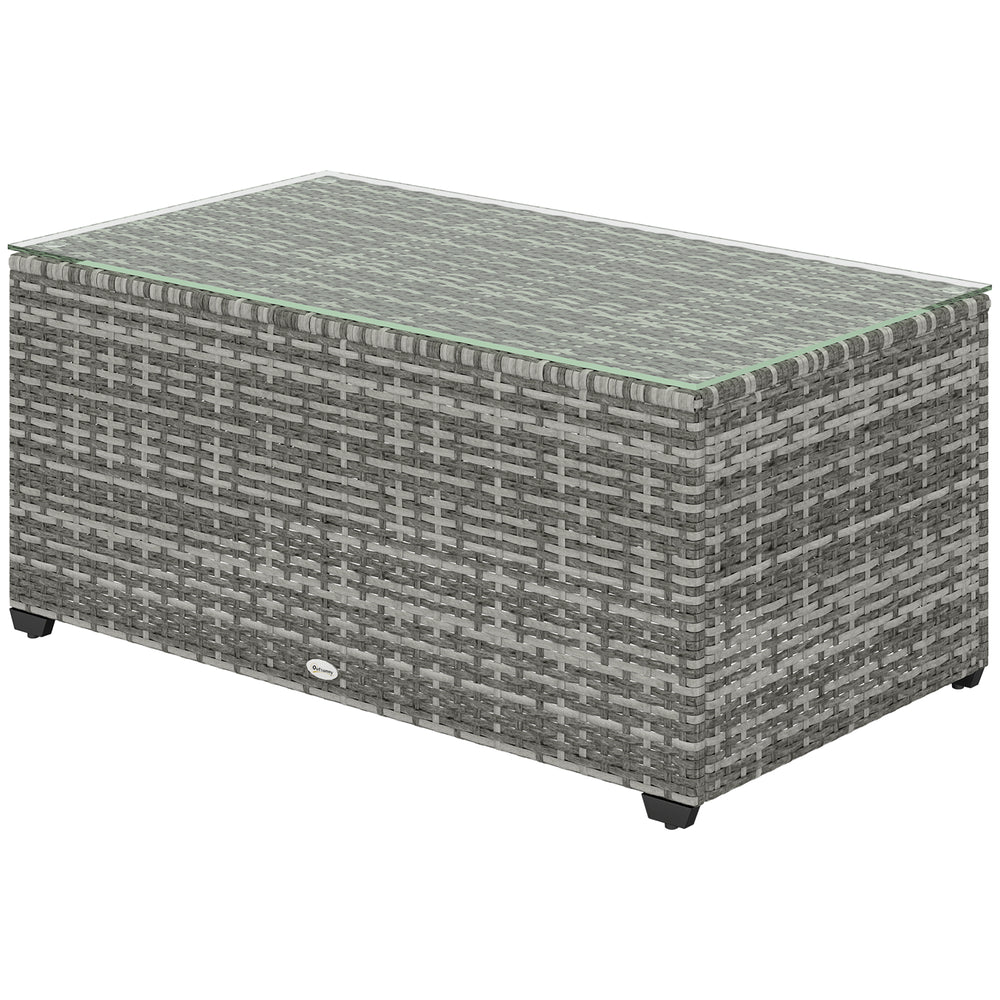 Wicker Outdoor Coffee Table, PE Wicker Rectangular Patio Table with Tempered Glass Top for Garden, Balcony, Light Grey