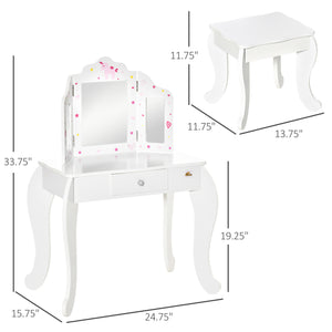 Dressing table set with folding mirrors, star and heart patterned drawer, white